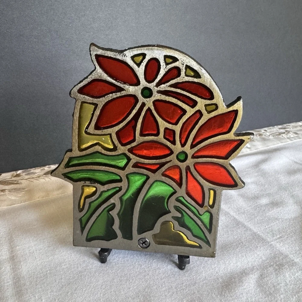 Vintage Tiffany Style Poinsettia Stained Glass Cast Iron Candle Votive Holder
